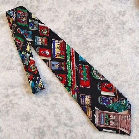 VTG 90s Nicole Miller Christmas In The City Print Hand Sewn Silk Neck Tie - Picture 9 of 14